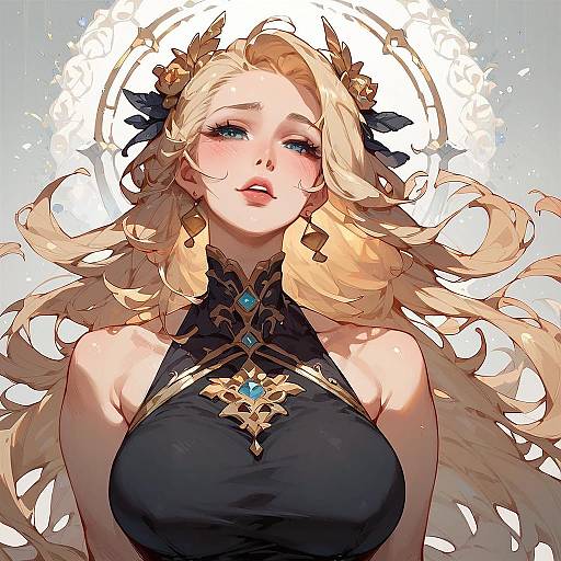 Digital anime-style illustration of a blonde woman with long, wavy hair, blue eyes, wearing a black, gold-accented top, and orn