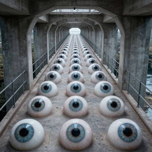 Photograph of a concrete bridge with numerous large, white, eye-like orbs with blue irises lined up in rows, leading to a bright light at