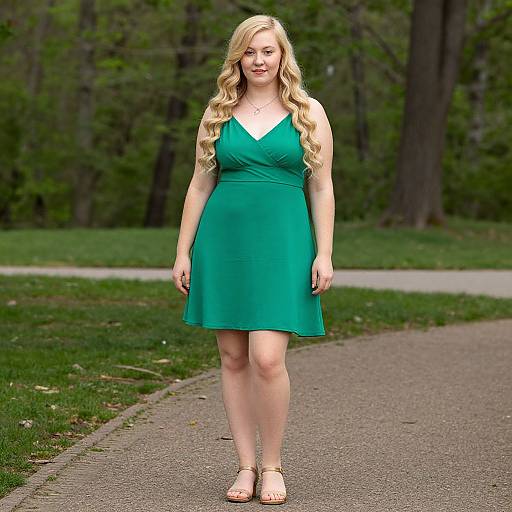 Photograph of a blonde woman with long curls, wearing a green sleeveless dress and brown sandals, standing on a park path.