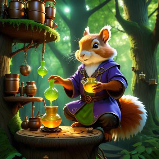 Anthropomorphic Squirrel Herbalist Brewing Potion