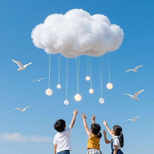 Photograph of three children with raised arms underneath a white, puffy cloud with hanging white orbs, against a bright blue sky, with birds flying nearby