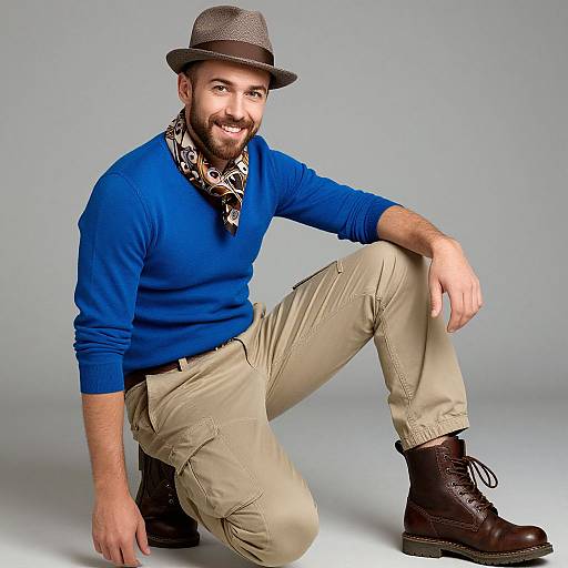 Photograph of a bearded man with brown hat, blue sweater, beige pants, brown boots, and patterned scarf, kneeling on one knee.