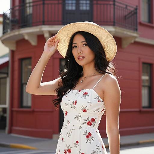 Photograph of an Asian woman with long black hair, wearing a white floral dress and straw hat, standing in front of a red building with black balcon