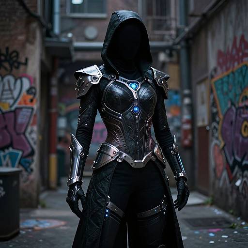 Dark-clad, hooded, armored figure with glowing blue gem, standing in graffiti-covered, urban alley at night, illuminated by cyberpunk-style lighting