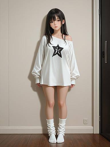 Young Woman in Oversized White Shirt and Socks