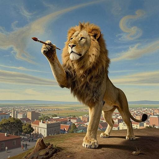 Photorealistic CGI of a regal lion standing on a hill, holding a wooden stick in its raised paw, overlooking a quaint, sunlit town