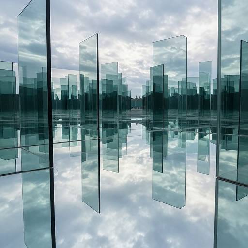 Photograph of modern glass panels reflecting a cloudy sky and cityscape, creating a mirrored, abstract urban landscape effect.