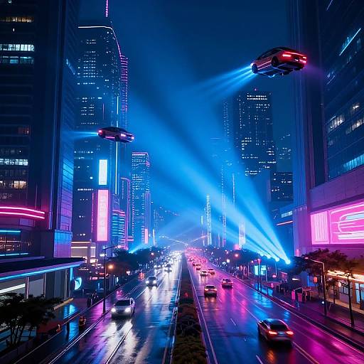 Neon-lit, cyberpunk-style photograph of a bustling nighttime city street with glowing blue and pink lights, flying cars, and illuminated skyscrapers