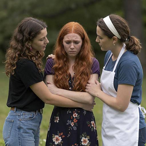 Supportive Friends Comforting Upset Woman Outdoors