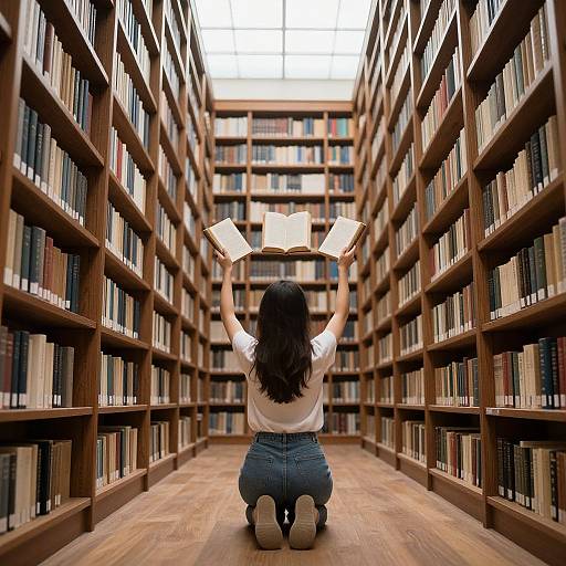 Photograph of a woman with long dark hair, kneeling on wooden floor between two tall bookshelves, holding open books, in a sunlit library