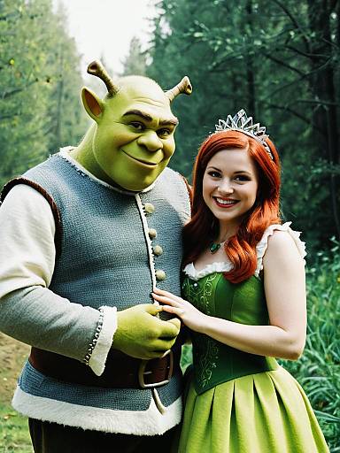 Couple in Shrek and Fiona Costumes in Forest