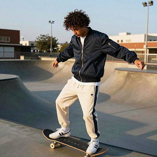 Photograph of a curly-haired Black teenager in a black jacket and white pants skateboarding at an outdoor concrete skate park.