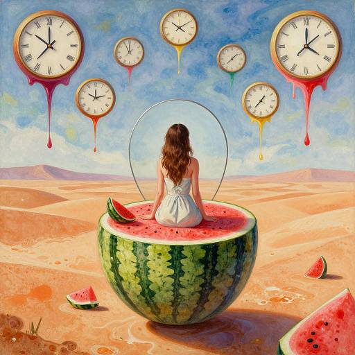 Digital surreal art: woman in white dress sits on giant watermelon in desert, surrounded by floating clocks with dripping paint.