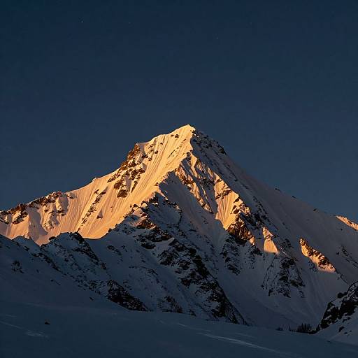 Photograph of a snow-capped mountain illuminated by golden sunset light, contrasting with deep blue night sky and dark snow-covered slopes.