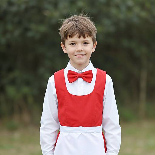 Photograph of a young boy with brown hair, wearing a red bowtie, white shirt, and red pinafore dress, smiling outdoors against a
