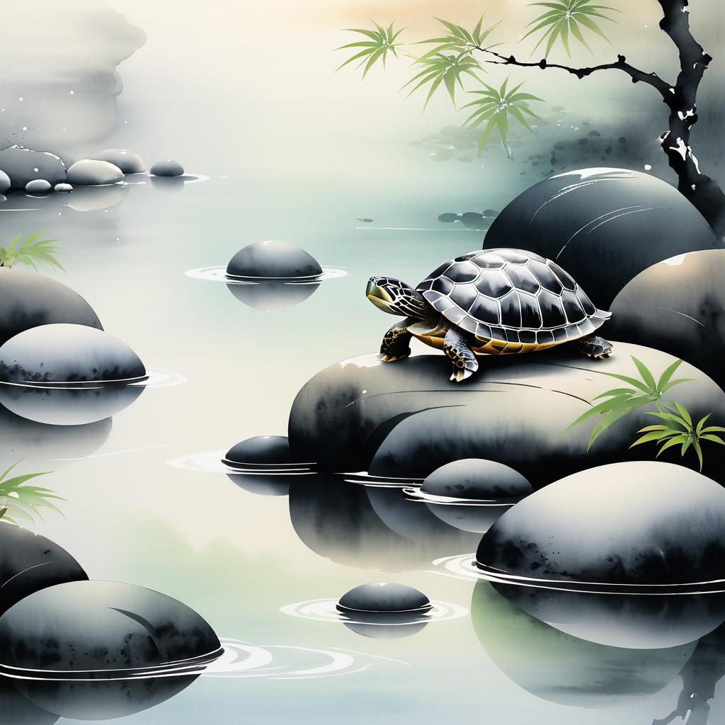 Serene Turtle in Zen Ink Painting