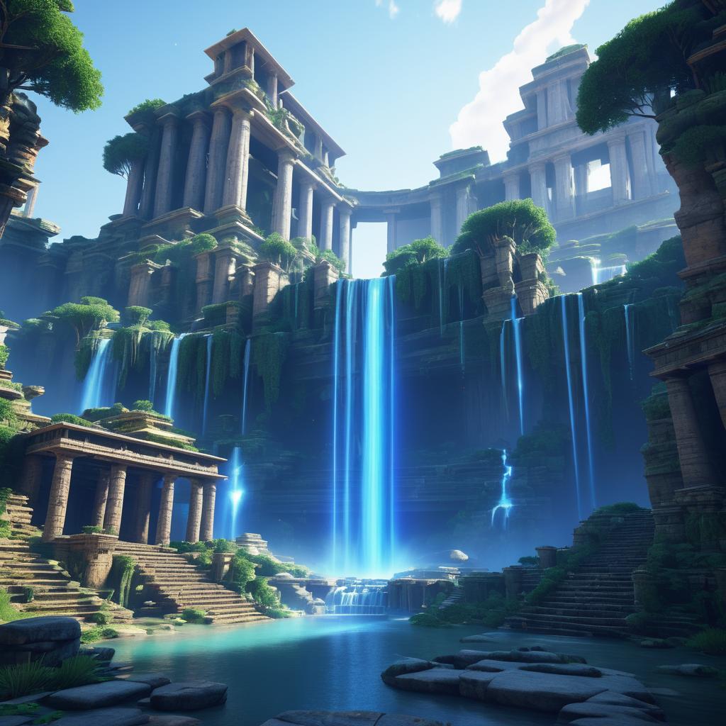 Mystical Waterfall Amidst Ancient Ruins