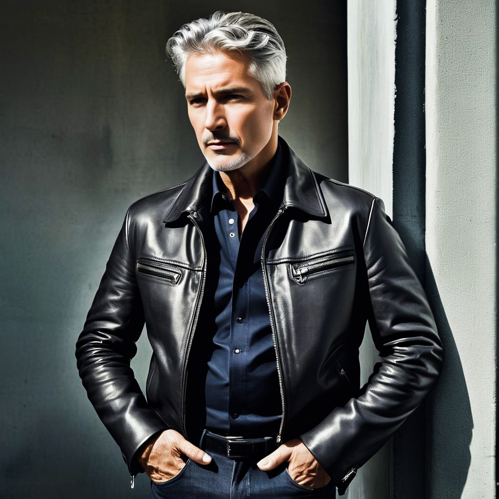 Stylish Gray-Haired Man in Leather Jacket