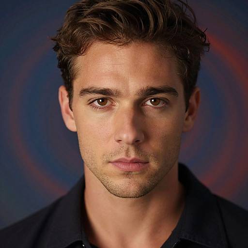 Photograph of a handsome young man with short, dark brown hair, brown eyes, and light stubble, wearing a black collared shirt, against
