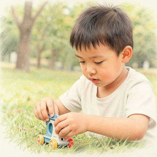 Photograph of an Asian toddler with short black hair, wearing a white shirt, focused on playing with a colorful toy car on grass in a sunlit