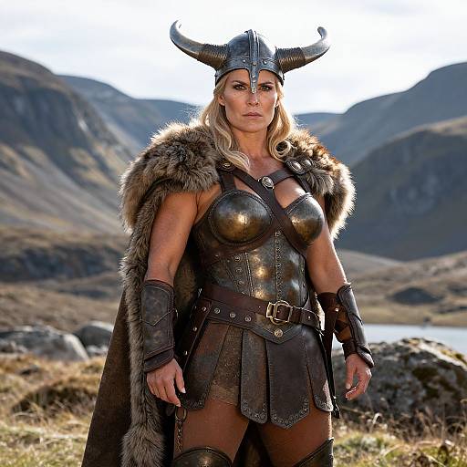 Photograph of a muscular blonde woman in Viking armor, with a horned helmet, fur cape, and metallic breastplate, standing in a mountainous