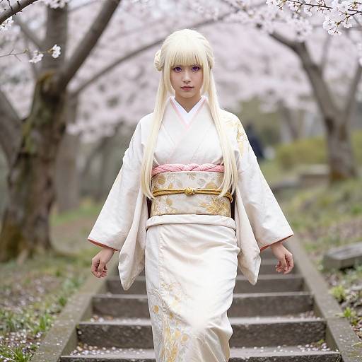 Photograph of a blonde woman in a white kimono with pink and gold obi, walking down stone steps in a cherry blossom garden.