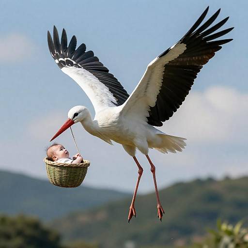 Stork Carrying Baby Over Forest Hills