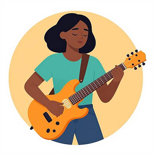 Digital illustration of a dark-skinned woman with black hair, wearing a turquoise shirt and blue pants, playing an orange electric guitar against a yellow circular background