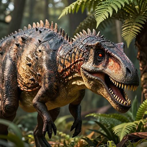 Photorealistic CGI of a fierce, spiky, orange and black-scaled dinosaur with glowing red eyes, roaring in a lush, sunlit forest