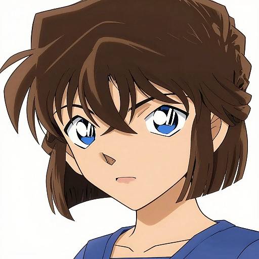 Anime-style digital drawing of a young woman with short brown hair, blue eyes, and a blue shirt, looking serious. White background.