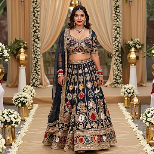 Photograph of a South Asian woman in a vibrant, embroidered black and gold traditional outfit, standing on a floral-decorated runway.