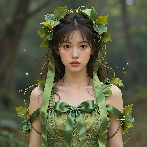Photograph of an Asian woman with long black hair, wearing a green leafy crown and dress, with vines and leaves, in a forest background.