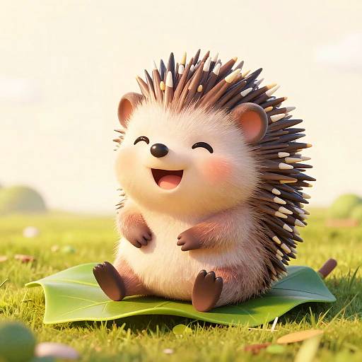 CGI cute cartoon hedgehog with spiky black and white quills, smiling with closed eyes, sitting on a green leaf in sunny grass.