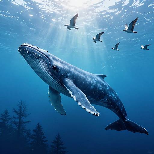 Photograph of a massive blue whale with textured skin, surrounded by flying seabirds, sunlight filtering through deep blue ocean water.