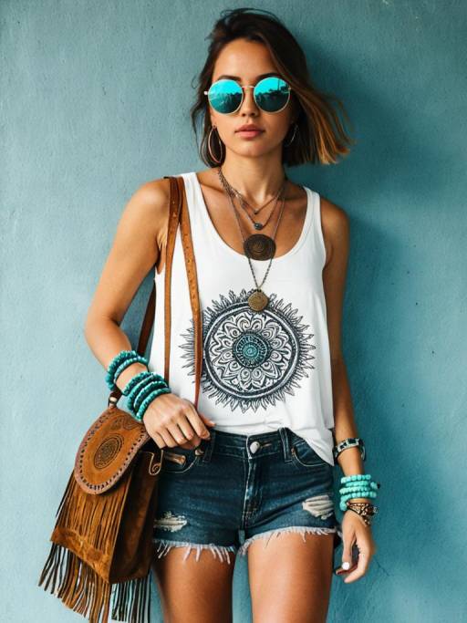 Bohemian Woman in White Tank Top and Denim Shorts