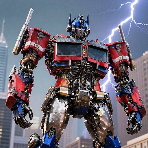 Photorealistic CGI of a red, blue, and silver Optimus Prime transformer with lightning bolts in a cityscape background.