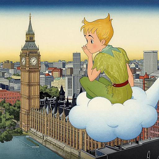 Anime-style drawing of Peter Pan with blond hair and green tunic, sitting on a cloud above Big Ben and London skyline.