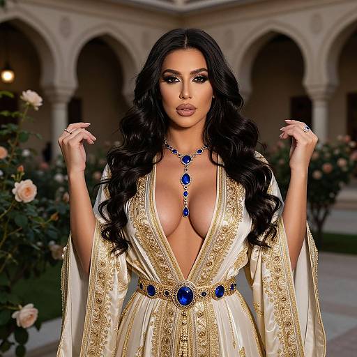 Photograph of a beautiful woman with long black hair, wearing a revealing gold and blue embroidered robe, showcasing large breasts, in an ornate garden with