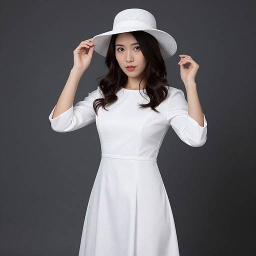 Photograph of an Asian woman with long black hair, wearing a white wide-brimmed hat and a fitted white dress, standing against a dark gray