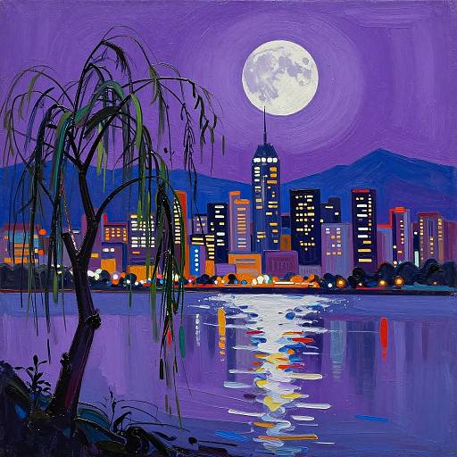 Vibrant digital painting of a city skyline at night, with a full moon, purple sky, reflective water, and a weeping willow in