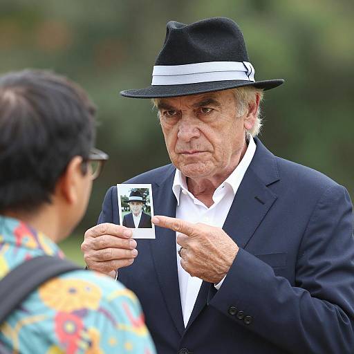 Man in fedora holding photo and pointing