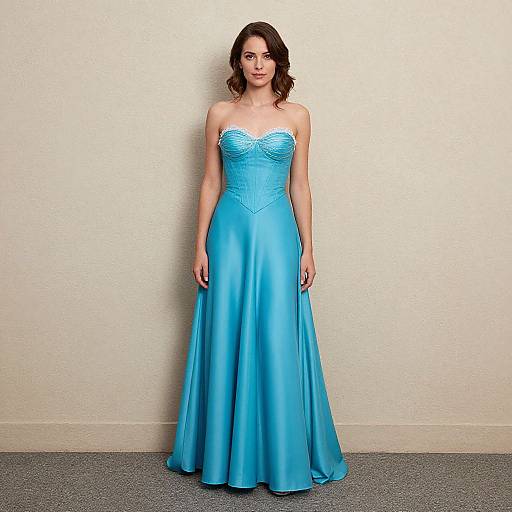 Photograph of a fair-skinned woman with wavy brown hair, wearing a strapless, turquoise satin evening gown with a sweetheart neckline, standing against