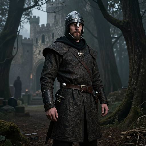 Photograph-style CGI of a medieval knight in black armor with a silver helmet, standing in a foggy forest before a stone castle.