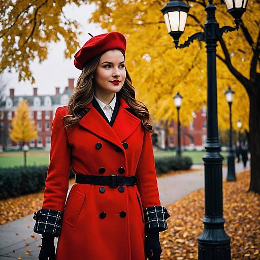 Elegant Woman in Red Coat and Beret in Autumn Park