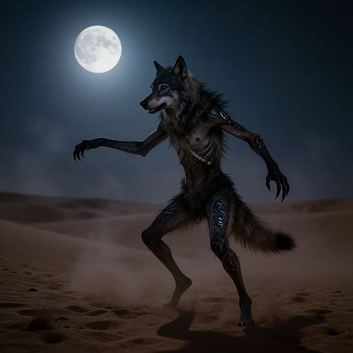 Digital artwork of a werewolf with dark fur, glowing eyes, and clawed hands, standing in a desert under a full moon.