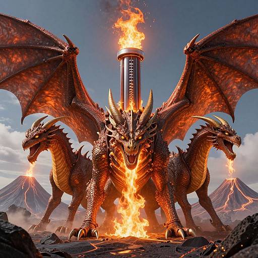 Digital artwork of a three-headed, red-scaled dragon with fiery wings and spines, standing before a burning, cylindrical torch, with volcanic mountains in