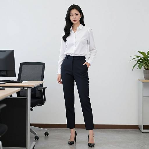 Photograph of an Asian woman with long black hair, wearing a white blouse, black pants, and black heels, standing confidently in a modern, white