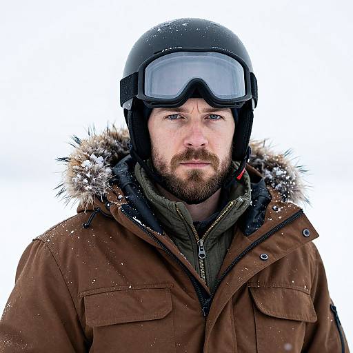 Photograph of a bearded man with blue eyes, wearing a black helmet with goggles, brown winter coat with fur hood, and green inner jacket,