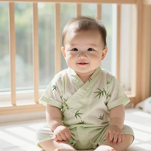 Photograph of a smiling Asian baby with short black hair, wearing a light green kimono with bamboo patterns, sitting in bright sunlight by a wooden-fr