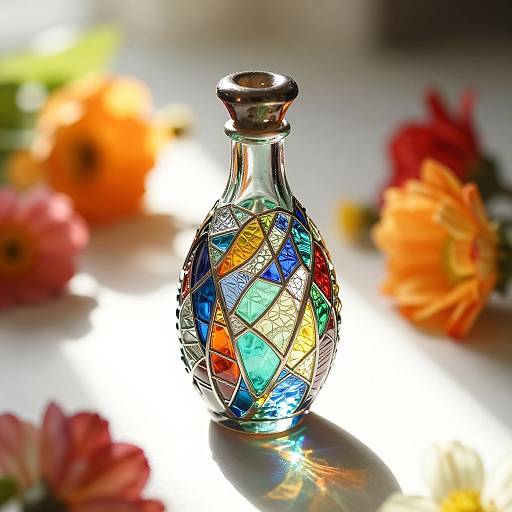 Photograph of a small, glass bottle adorned with colorful, geometric-patterned glass pieces, set against a blurred background of vibrant orange and pink flowers.